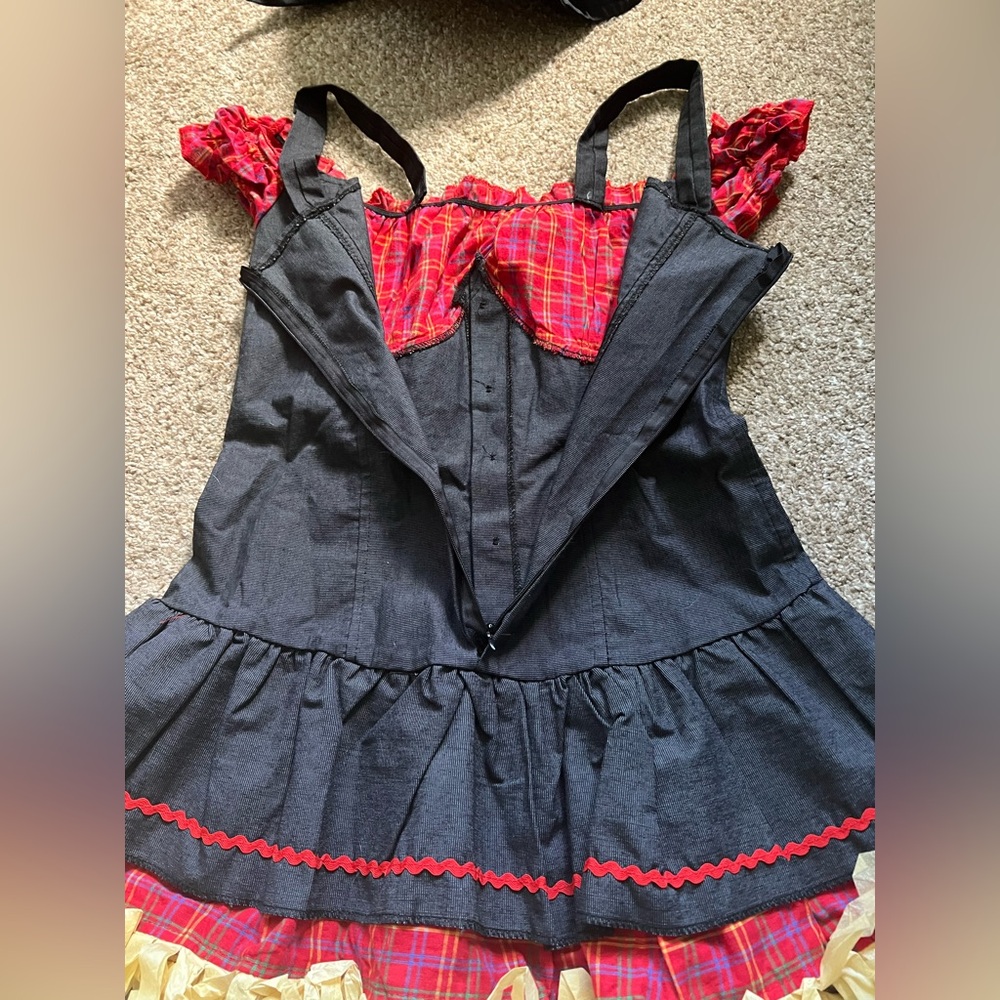 Spirit Halloween Scarecrow Sweetie Costume Set Hat & Dress Sexy Plaid & Denim - Picture 13 of 16